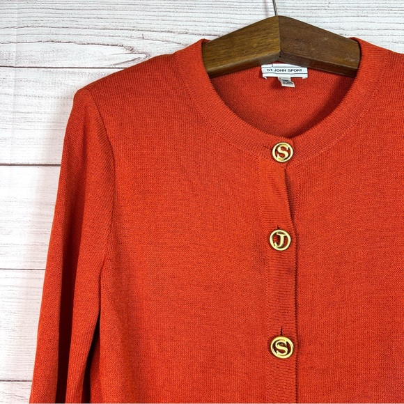 St. John Sport Orange Gold Knit Wool Cardigan Sweater Size M FLAWS - Picture 3 of 13